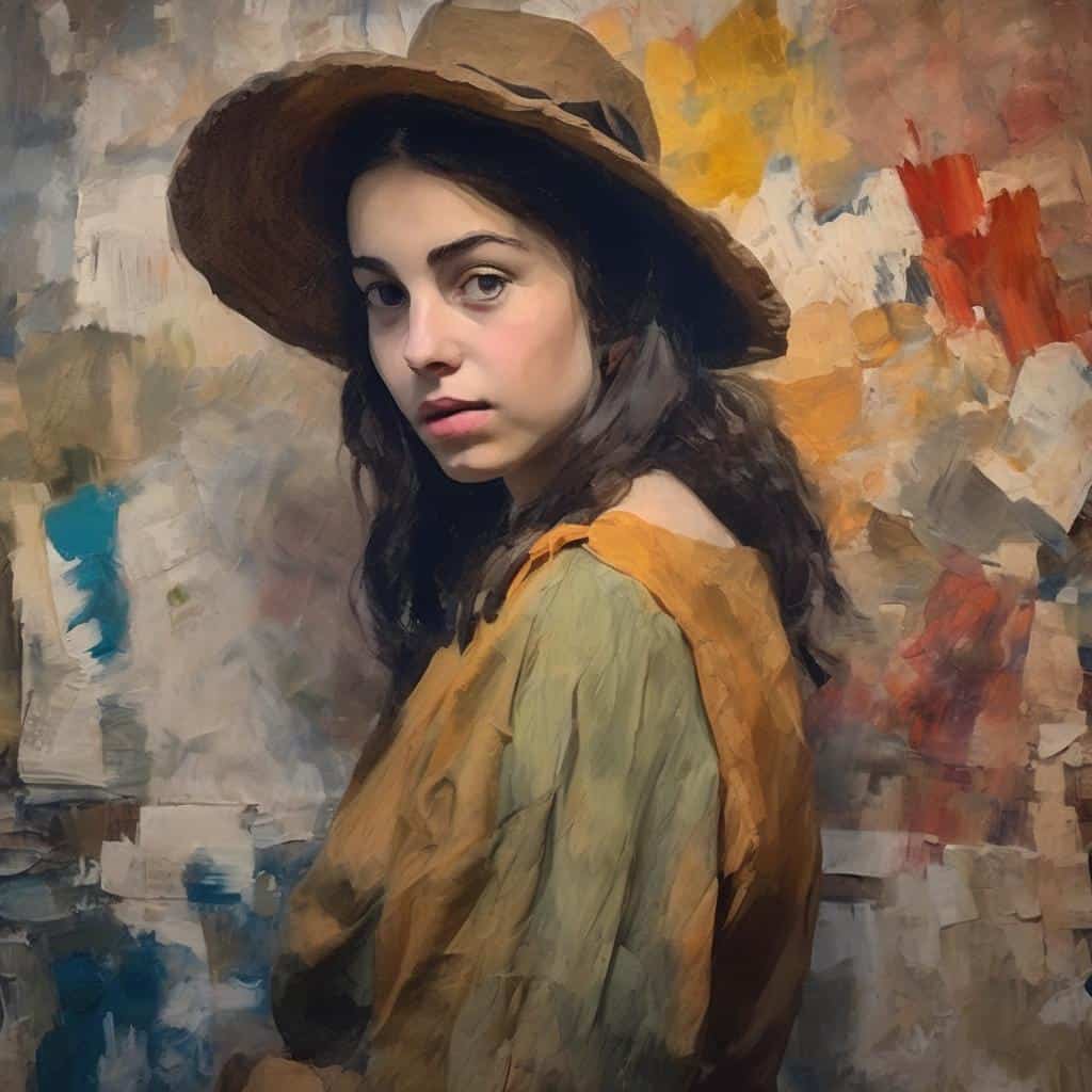 Χαρακτηριστικό πορτρέτο γυναίκας με καπέλο σε ζωγραφική στυλ, με πλούσια χρώματα και αφηρημένα στοιχεία.