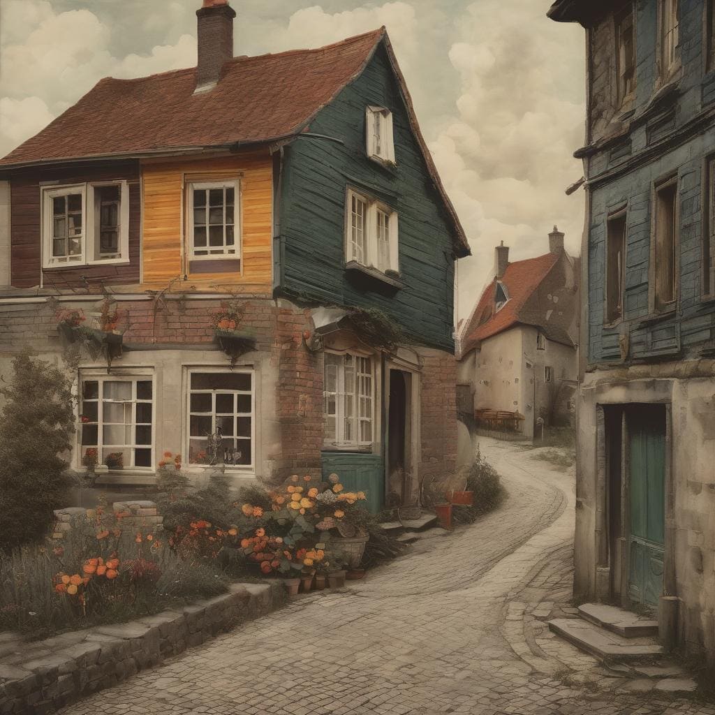 Παλιές, στρεβλές κατοικίες σε μια πλακόστρωτη γειτονιά με γκρεμισμένες όψεις και αυθεντική ατμόσφαιρα.