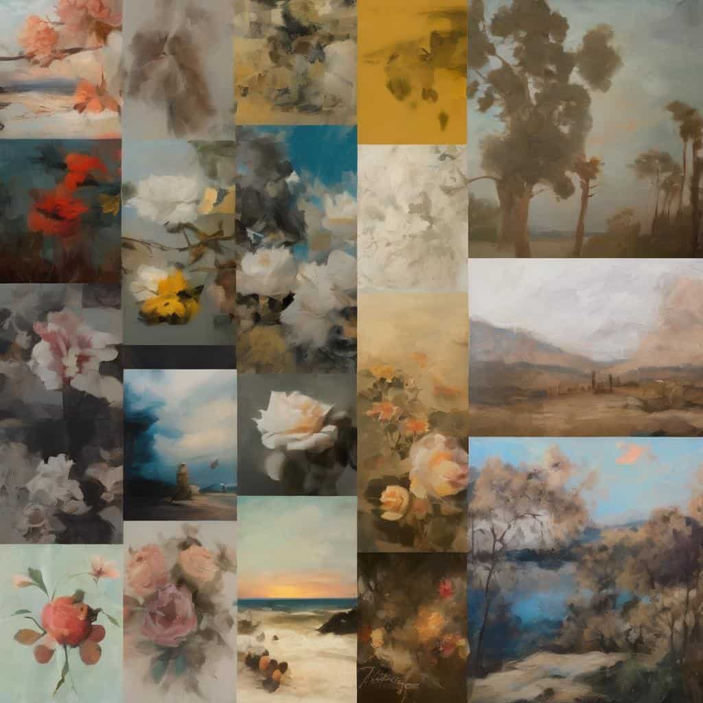 Ομορφά πίνακες με αφηρημένα και ρεαλιστικά τοπία, ζωγραφιές λουλουδιών και φυσικού τοπίου, επηρεασμένα από την έννοια "Η Αφαίρεση της Πραγματικότητας".