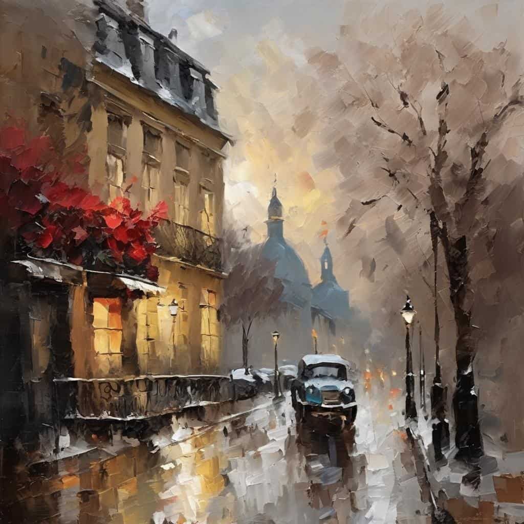 Θαλάσσιο τοπίο με παλιά πόλη και καιρό, ζωγραφισμένο σε στυλ ενσταντανέ, με φωτεινά χρώματα και ρεαλιστικές πινελιές.