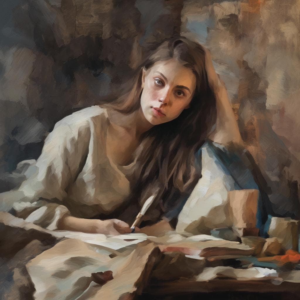 Απομακρυσμένη νεαρή γυναίκα καθισμένη, ζωγραφική πορτρέτο, καλλιτεχνική σύνθεση με υδατογράφημα.